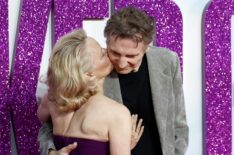 Pamela Anderson and Liam Neeson attend 'The Naked Gun' UK Premiere at Cineworld Leicester Square on July 22, 2025 in London