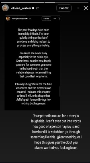 Olivia Walker's Instagram Story supporting JaNa Craig