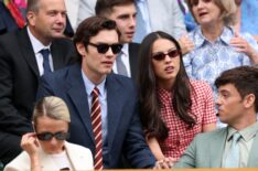 Actor, Louis Patridge and musician, Olivia Rodrigo are seen in the Royal Box prior to the Ladies' Singles second round match between Aryna Sabalenka and Marie Bouzkova of Czechia on day three of The Championships Wimbledon 2025 at All England Lawn Tennis and Croquet Club on July 02, 2025 in London, England.