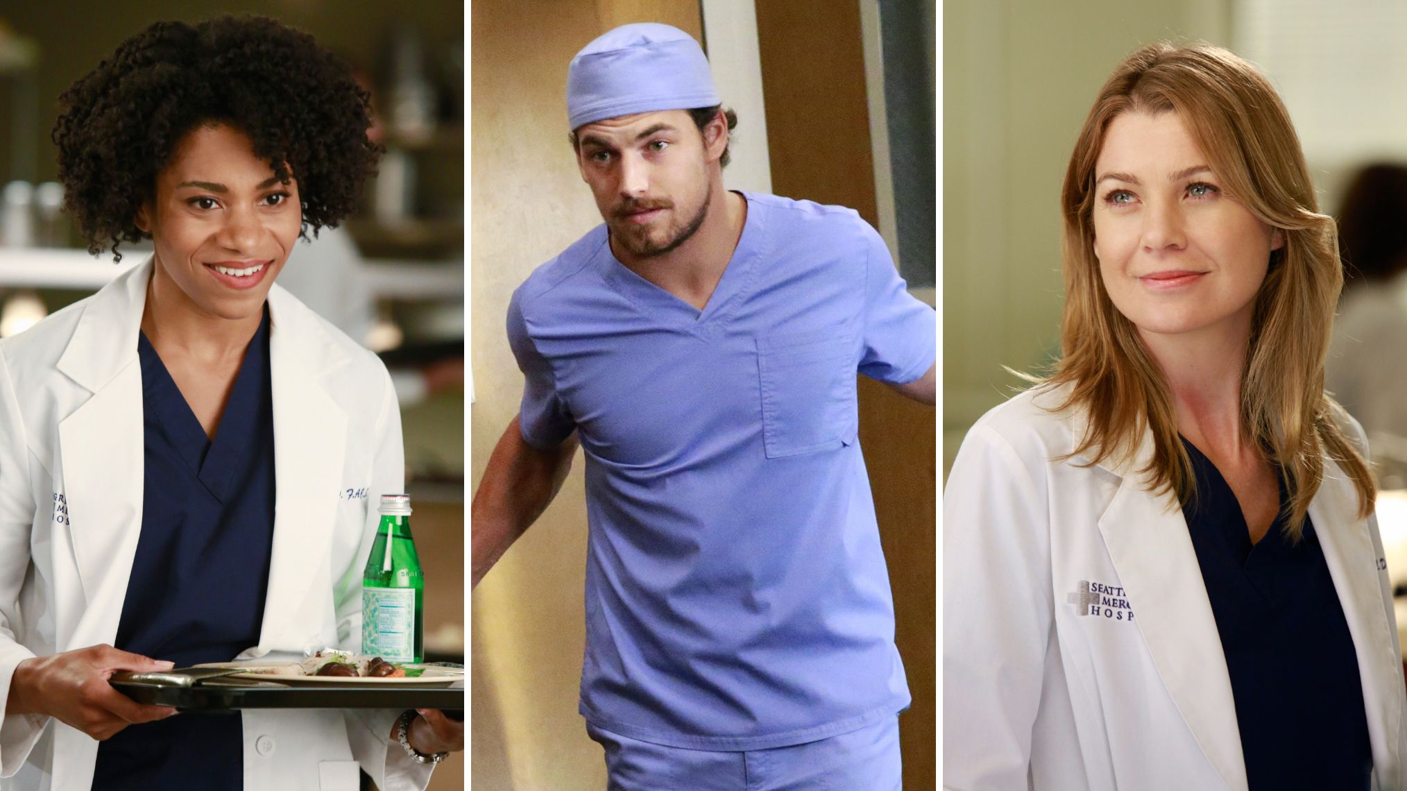 Kelly McCreary as Maggie; Giacomo Gianniotti as Deluca; Ellen Pompeo as Meredith on 'Grey's Anatomy'