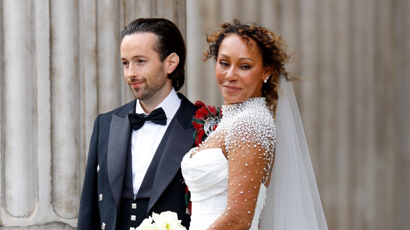 Rory McPhee and Mel B depart following their wedding in the OBE (Order of the British Empire) Chapel at St Paul's Cathedral on July 5, 2025 in London, England.