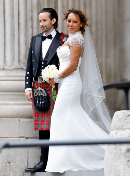 Rory McPhee and Mel B depart following their wedding in the OBE (Order of the British Empire) Chapel at St Paul's Cathedral on July 5, 2025 in London, England.