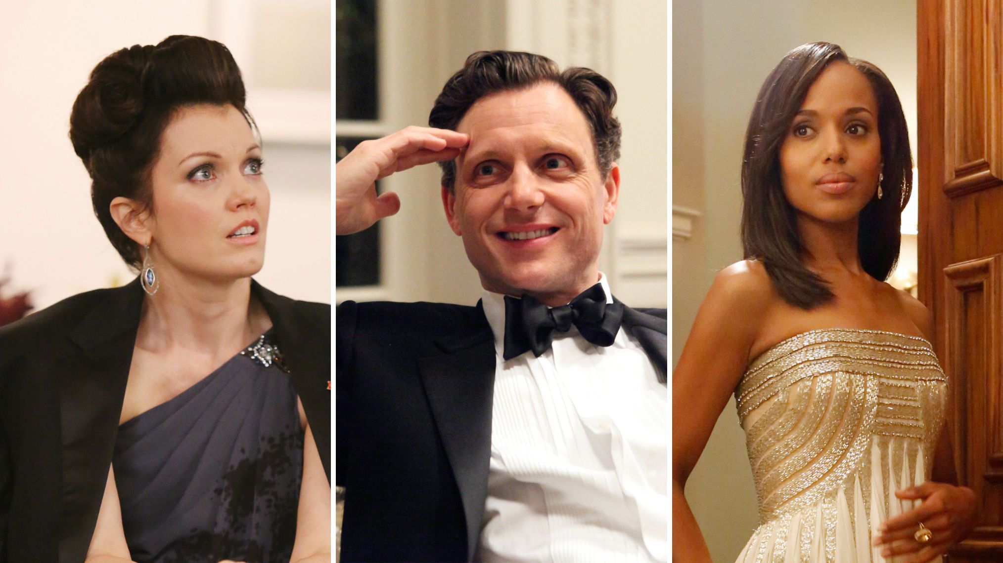 Bellamy Young as Mellie; Tony Goldwyn as Fitz; Kerry Washington as Olivia on 'Scandal'