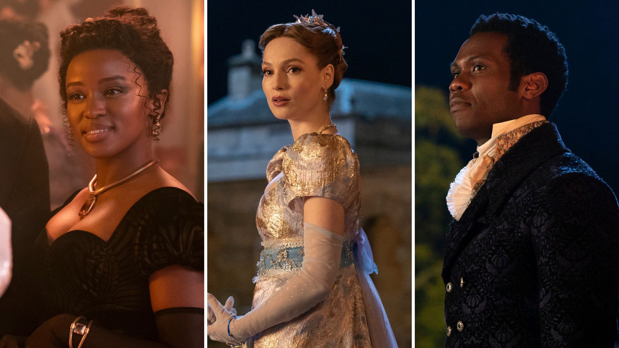 Masali Baduza as Michaela; Hannah Dodd as Francesca; Victor Alli as John on 'Bridgerton'