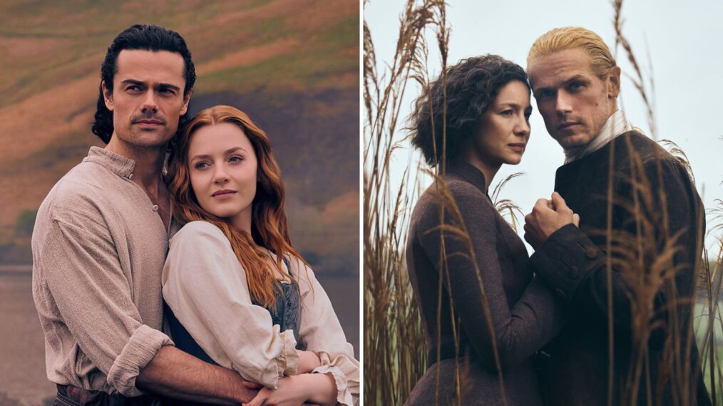Jamie Roy and Harriet Slater in 'Outlander: Blood of My Blood,' and Caitirona Balfe and Sam Heughan in 'Outlander'