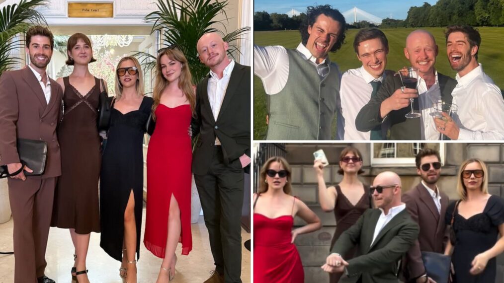 'Outlander' stars Joey Phillips, Caitlin O'Ryan, Lauren Lyle, Izzy Meikle-Small, John Bell, Jamie Roy, and Paul Gorman attend Richard Rankin's wedding