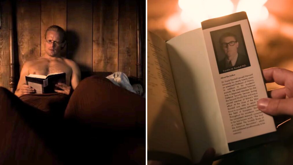 Sam Heughan as Jamie Fraser reading Frank Randall's book in 'Outlander' Season 8