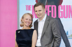 Pamela Anderson and Liam Neeson attend 'The Naked Gun' New York Premiere on July 28, 2025 in New York City