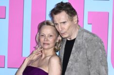 Pamela Anderson and Liam Neeson attend 'The Naked Gun' UK Premiere at Cineworld Leicester Square on July 22, 2025 in London