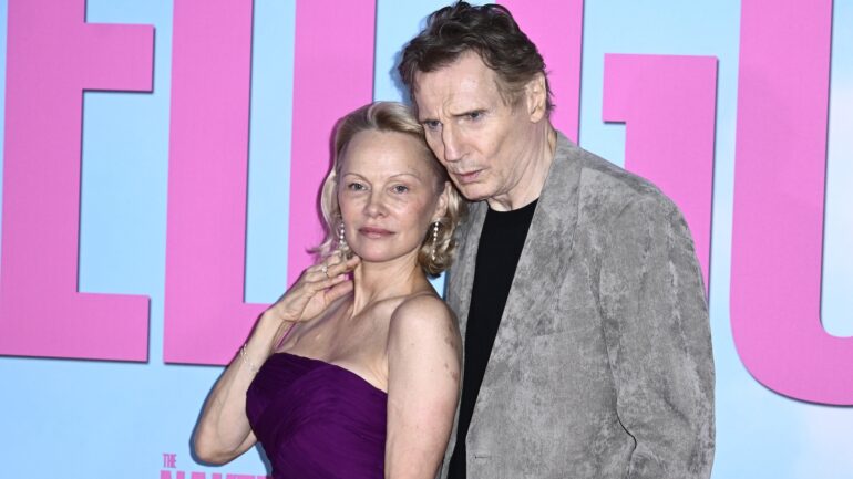 LONDON, ENGLAND - JULY 22: Pamela Anderson and Liam Neeson attend "The Naked Gun" UK Premiere at Cineworld Leicester Square on July 22, 2025 in London, England. (Photo by Gareth Cattermole/Getty Images)