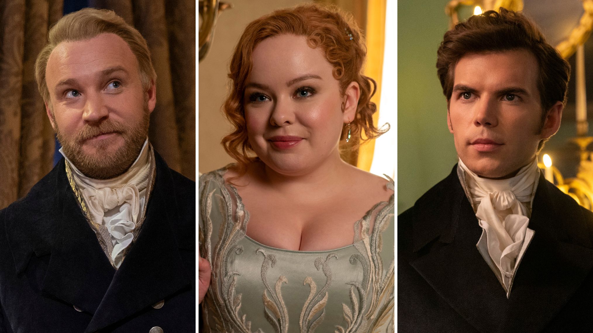Sam Phillips as Lord Debling; Nicola Coughlan as Penelope; Luke Newton as Colin on 'Bridgerton'