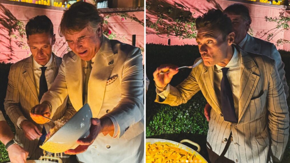 Ryan Seacrest making pasta with his friend and a chef