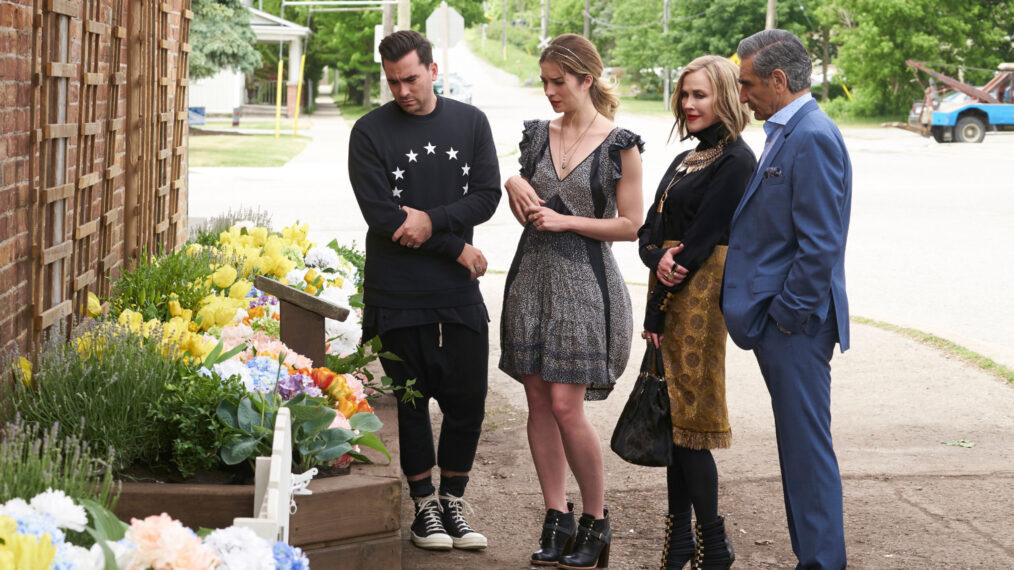 Dan Levy as David Rose, Annie Murphy as Alexis Rose, Catherine O'Hara as Moira Rose, and Eugene Levy as David Rose in 'Schitt's Creek'