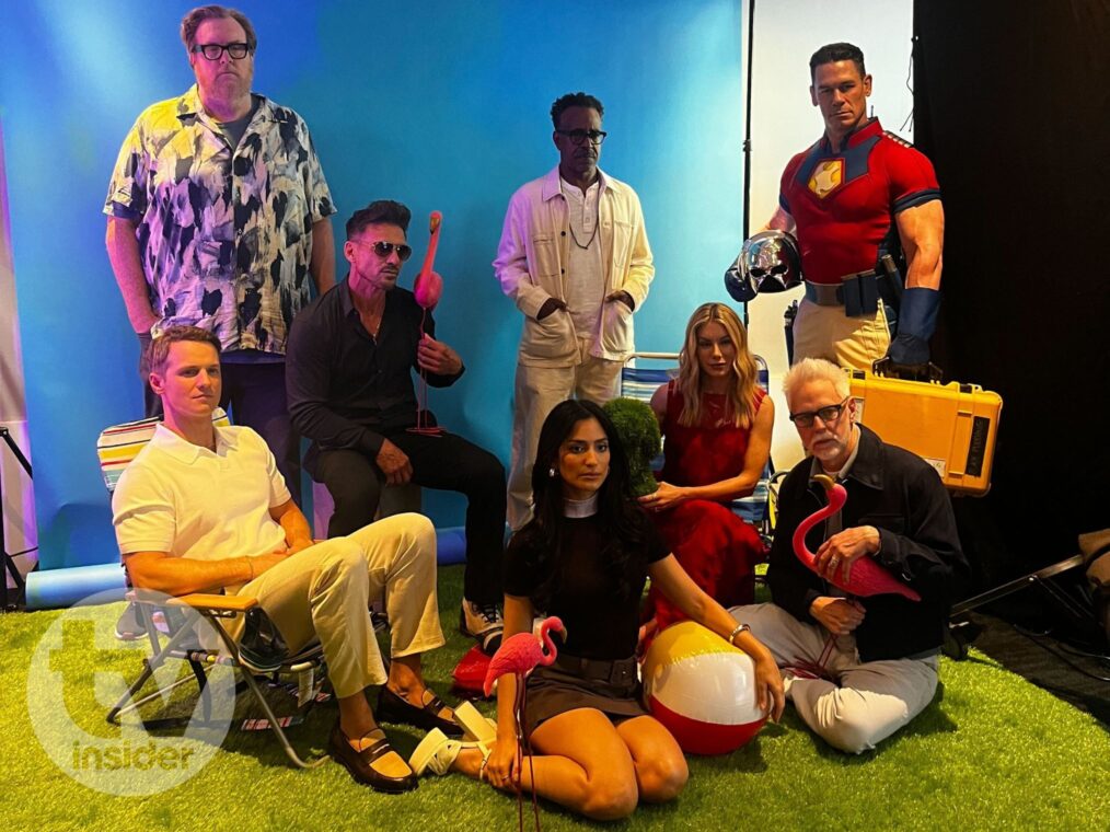 Peacemaker cast Freddie Stroma, Steve Agee, Frank Grillo, Sol Rodriguez, Tim Meadows, Jennifer Holland, James Gunn, and John Cena