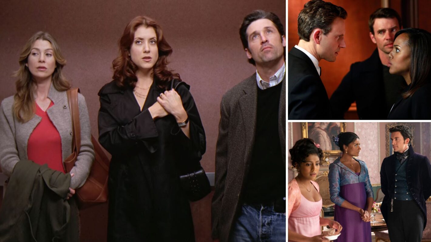 Ellen Pompeo as Meredith, Kate Walsh as Addison and Patrick Dempsey as Derek on 'Grey's Anatomy'; Tony Goldwyn as Fitz, Kerry Washington as Olivia, and Scott Foley as Jake on 'Scandal'; Charithra Chandran as Edwina, Simone Ashley as Kate, and Jonathan Bailey as Anthony on 'Bridgerton'