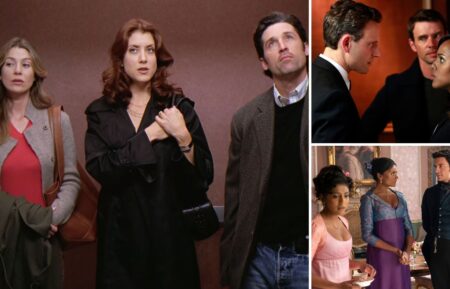 Ellen Pompeo as Meredith, Kate Walsh as Addison and Patrick Dempsey as Derek on 'Grey's Anatomy'; Tony Goldwyn as Fitz, Kerry Washington as Olivia, and Scott Foley as Jake on 'Scandal'; Charithra Chandran as Edwina, Simone Ashley as Kate, and Jonathan Bailey as Anthony on 'Bridgerton'