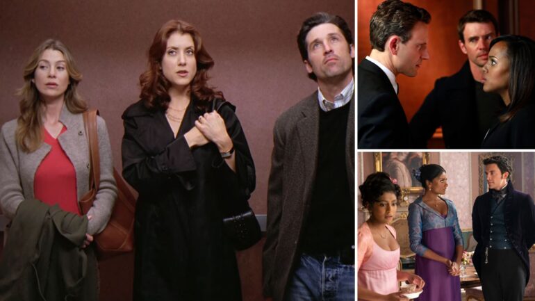 Ellen Pompeo as Meredith, Kate Walsh as Addison and Patrick Dempsey as Derek on 'Grey's Anatomy'; Tony Goldwyn as Fitz, Kerry Washington as Olivia, and Scott Foley as Jake on 'Scandal'; Charithra Chandran as Edwina, Simone Ashley as Kate, and Jonathan Bailey as Anthony on 'Bridgerton'