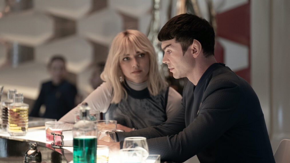 Jess Bush as Chapel and Ethan Peck as Spock — 'Star Trek: Strange New Worlds' Season 3 Episode 2 'Wedding Bell Blues'