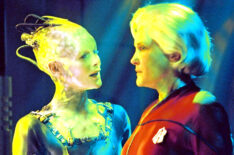 Alice Krige as the Borg Queen and Kate Mulgrew in Captain Kathryn Janeway in 'Star Trek: Voyager'