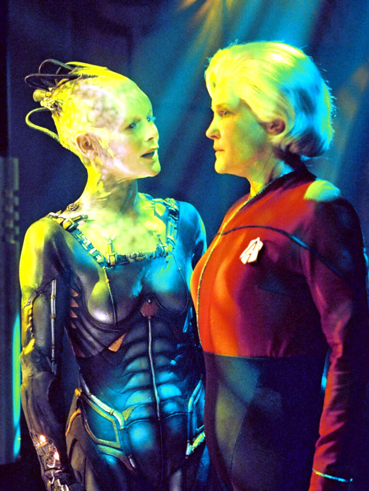 Alice Krige as the Borg Queen and Kate Mulgrew in Captain Kathryn Janeway in 'Star Trek: Voyager'