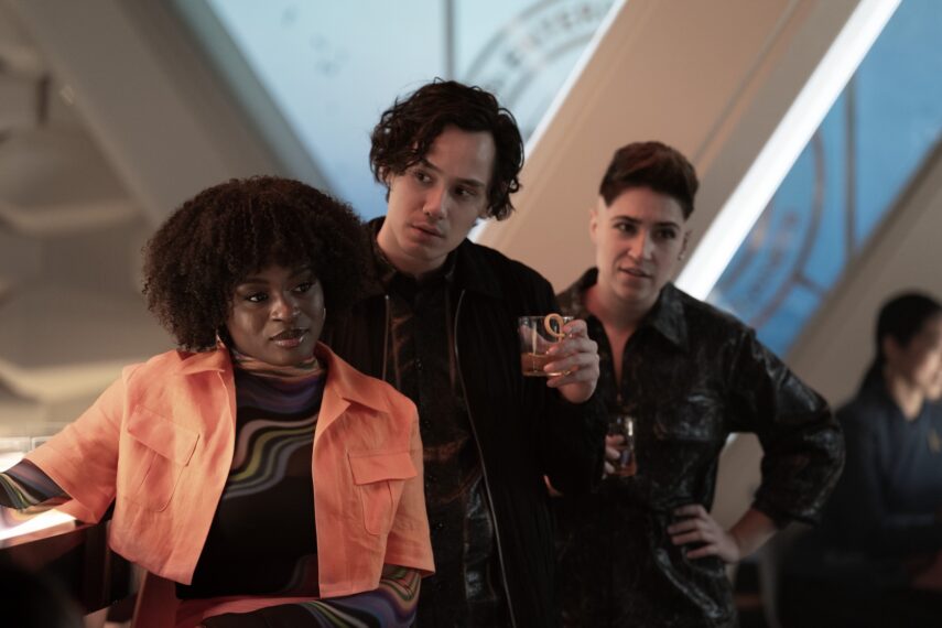 Celia Rose Gooding as Uhura, Mynor Luken as Beto and Melissa Navia as Erica Ortegas — 'Star Trek: Strange New Worlds' Season 3 Episode 2 "Wedding Bell Blues"