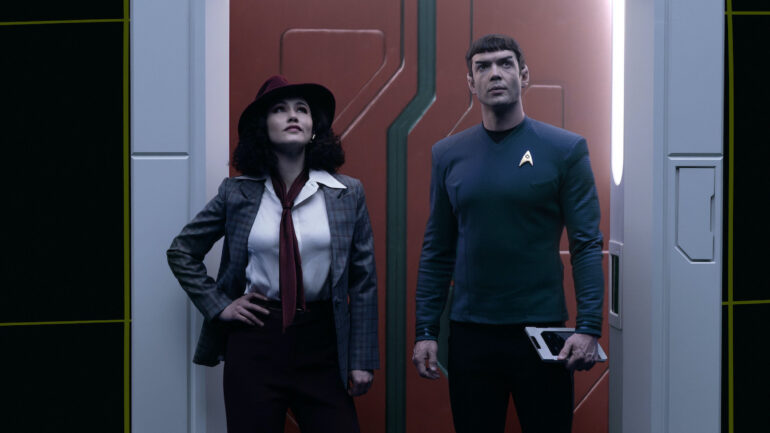 Christina Chong as Laían and Ethan Peck as Spock — 'Star Trek: Strange New Worlds' Season 3 Episode 4 "A Space Adventure Hour"