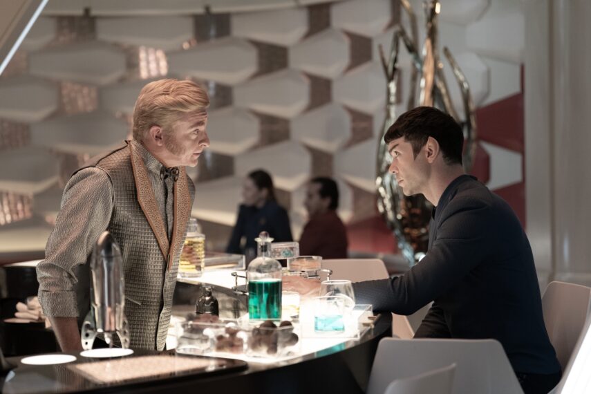 Rhys Darby as Trelane and Ethan Peck as Spock — 'Star Trek: Strange New Worlds' Season 3 Episode 2 "Wedding Bell Blues"