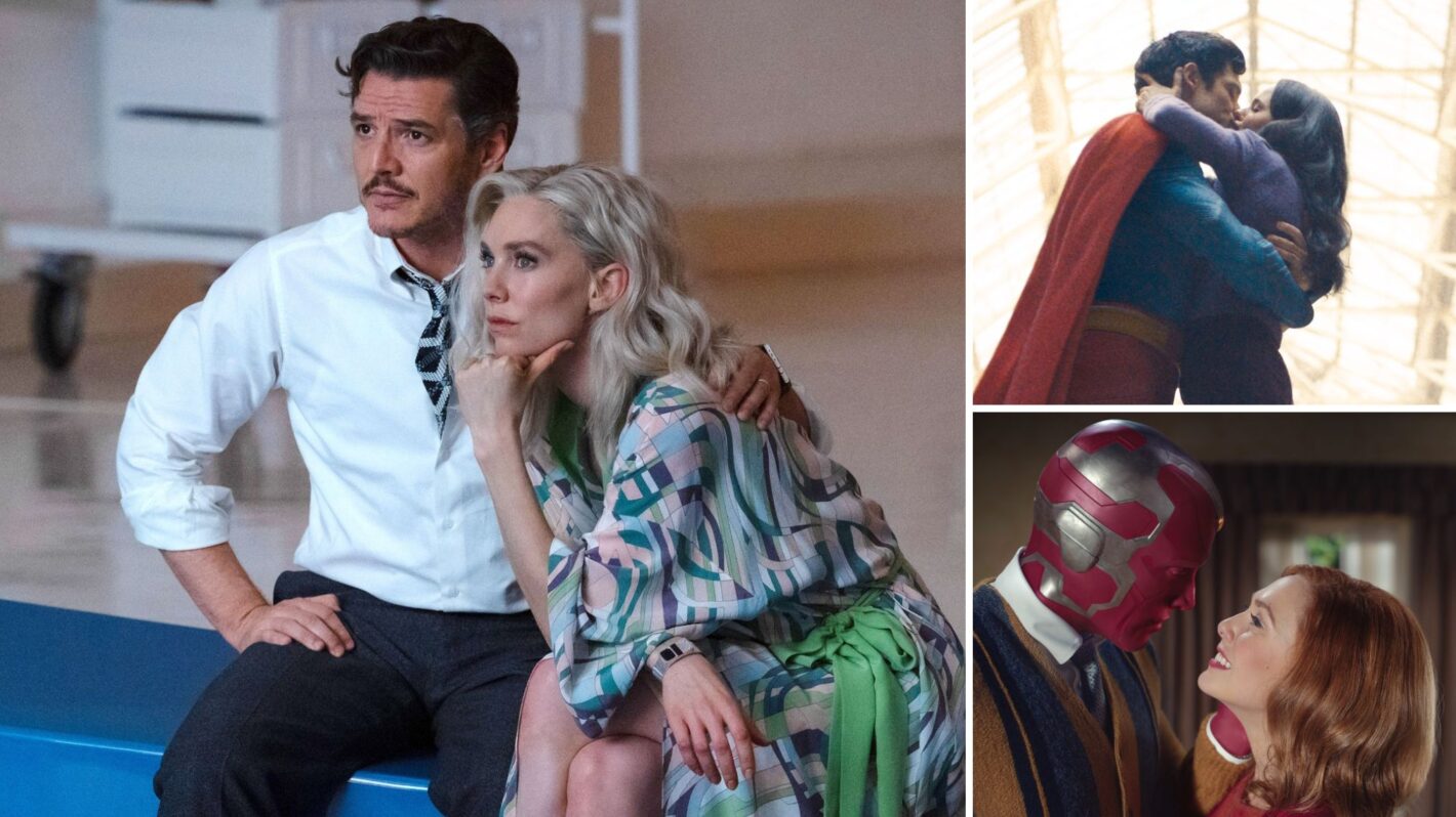 Pedro Pascal and Vanessa Kirby as Reed and Sue in 'The Fantastic Four: First Steps'; David Corenswet and Rachel Brosnahan as Superman and Lois in 'Superman'; Paul Bettany and Elizabeth Olsen as Vision and Wanda in 'WandaVision'