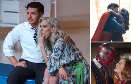 Pedro Pascal and Vanessa Kirby as Reed and Sue in 'The Fantastic Four: First Steps'; David Corenswet and Rachel Brosnahan as Superman and Lois in 'Superman'; Paul Bettany and Elizabeth Olsen as Vision and Wanda in 'WandaVision'