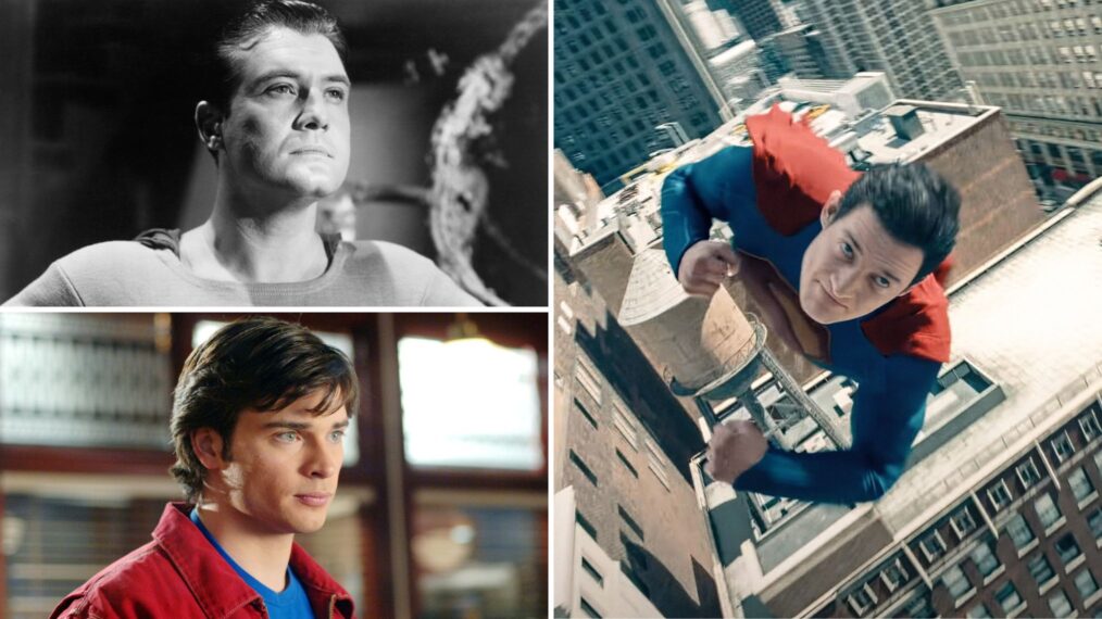 George Reeves as Superman in 'Adventures of Superman,' David Corenswet as Superman in 'Superman' (2025), and Tom Welling as Clark Kent in 'Smallville'