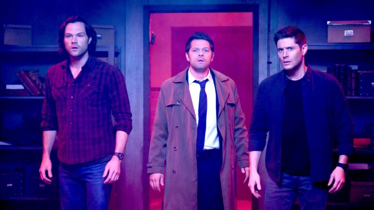 Jared Padalecki as Sam, Misha Collins as Castiel and Jensen Ackles as Dean in "Jack in the Box"