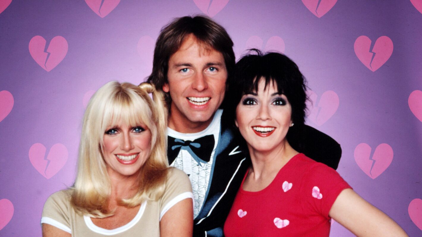 THREE'S COMPANY, 1977-84, Suzanne Somers, John Ritter, Joyce DeWitt, second season graphic heart background