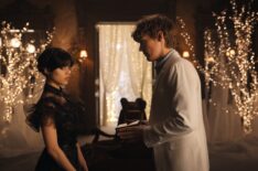 Jenna Ortega as Wednesday Addams, Hunter Doohan as Tyler Galpin in episode 104 of Wednesday.