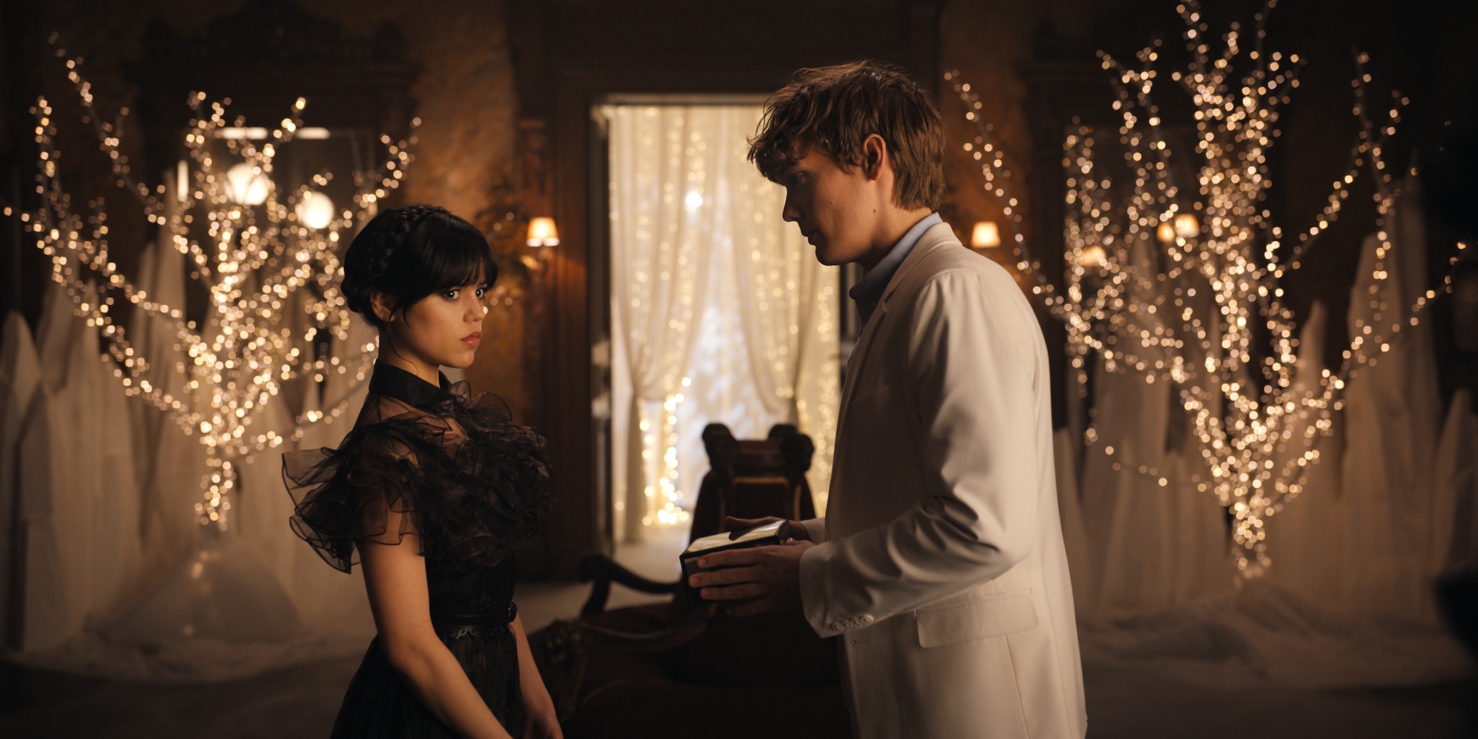 Jenna Ortega as Wednesday Addams, Hunter Doohan as Tyler Galpin in episode 104 of Wednesday.
