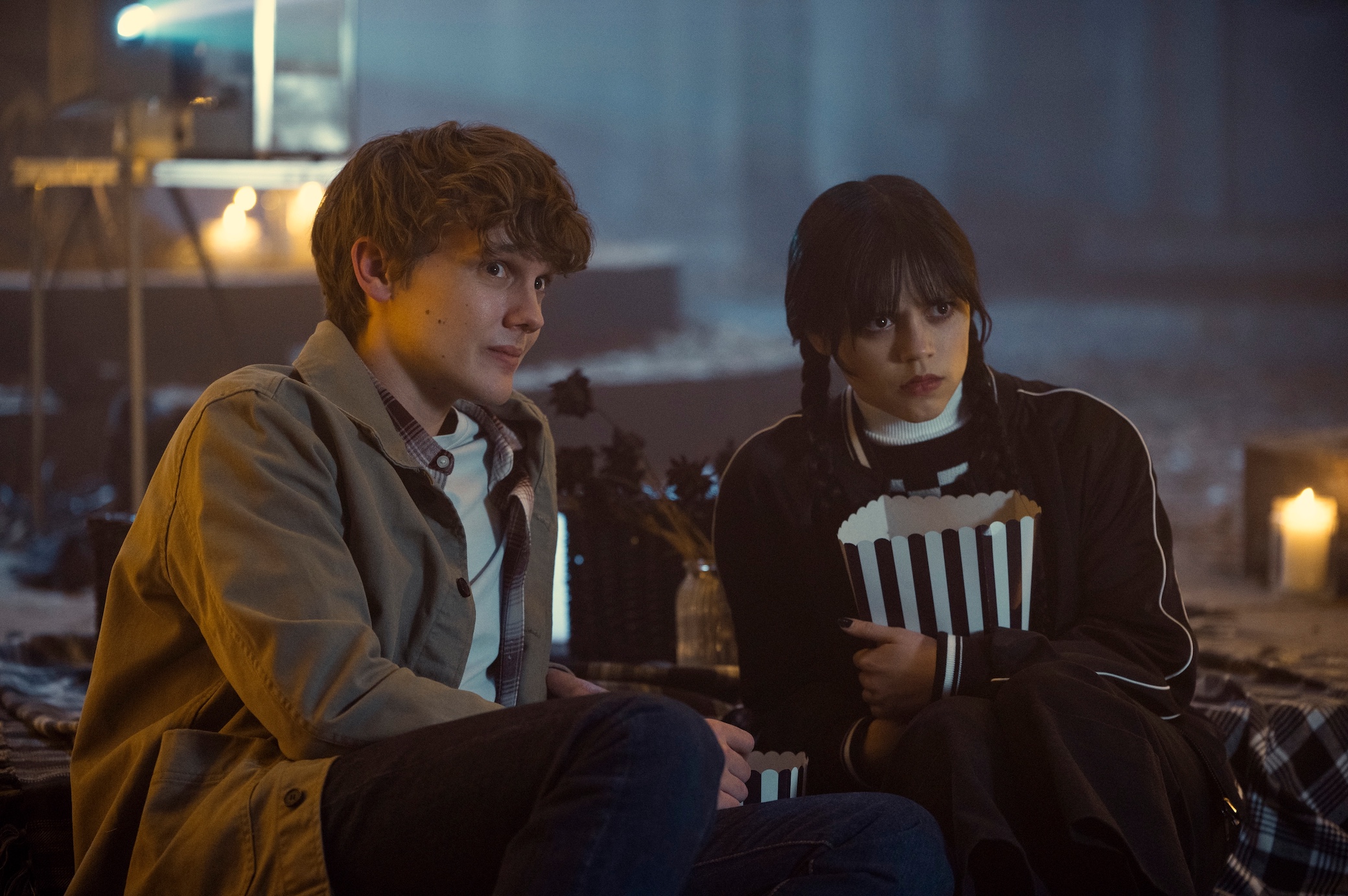 Hunter Doohan as Tyler Galpin, Jenna Ortega as Wednesday Addams in episode 107 of Wednesday.