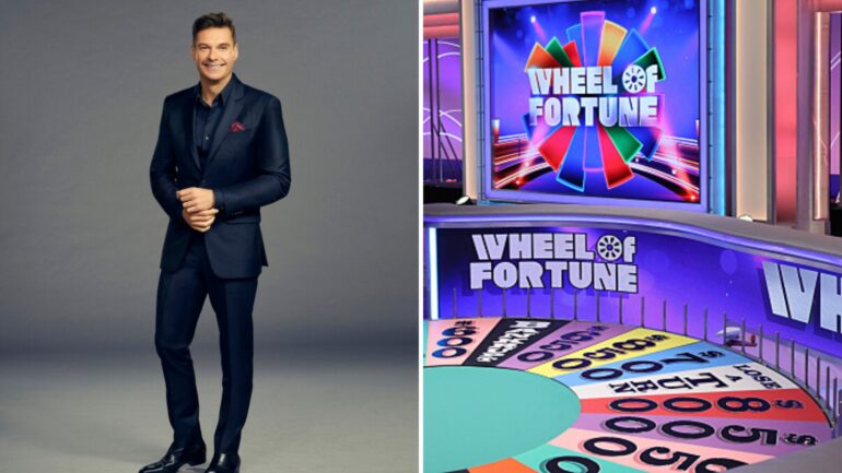 (left) Ryan Seacrest on Wheel of Fortune (right) Wheel of Fortune wheel and set