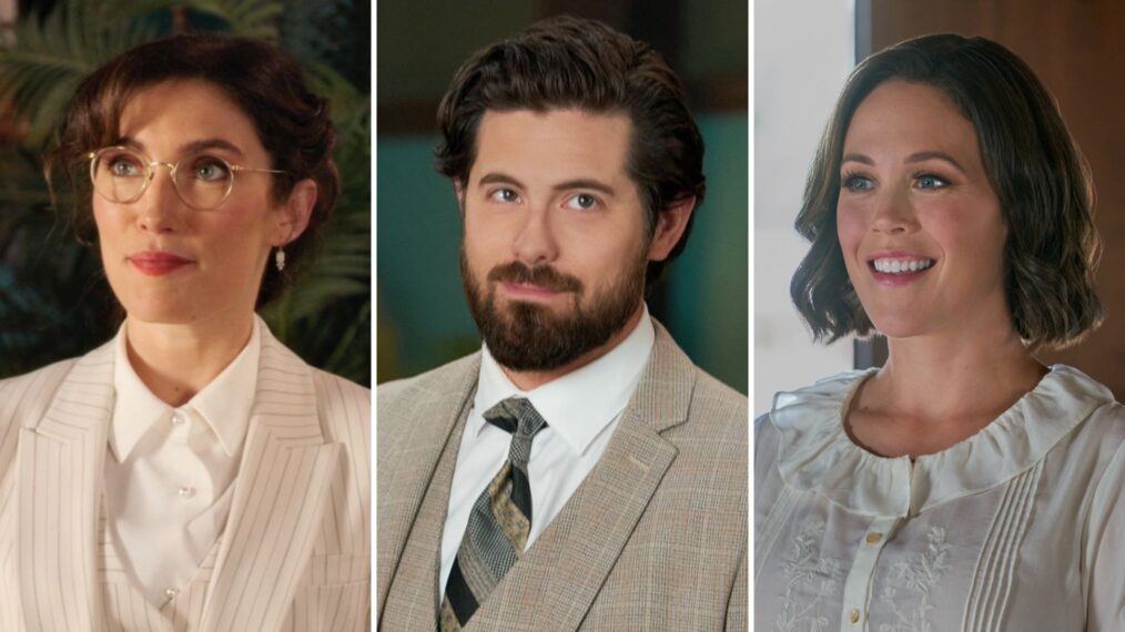 Miranda MacDougall, Chris McNally, and Erin Krakow as Edie, Lucas and Elizabeth on 'When Calls the Heart'