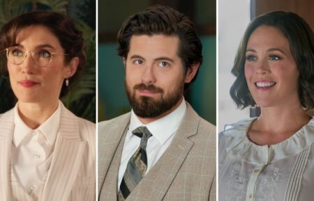 Miranda MacDougall, Chris McNally, and Erin Krakow as Edie, Lucas and Elizabeth on 'When Calls the Heart'