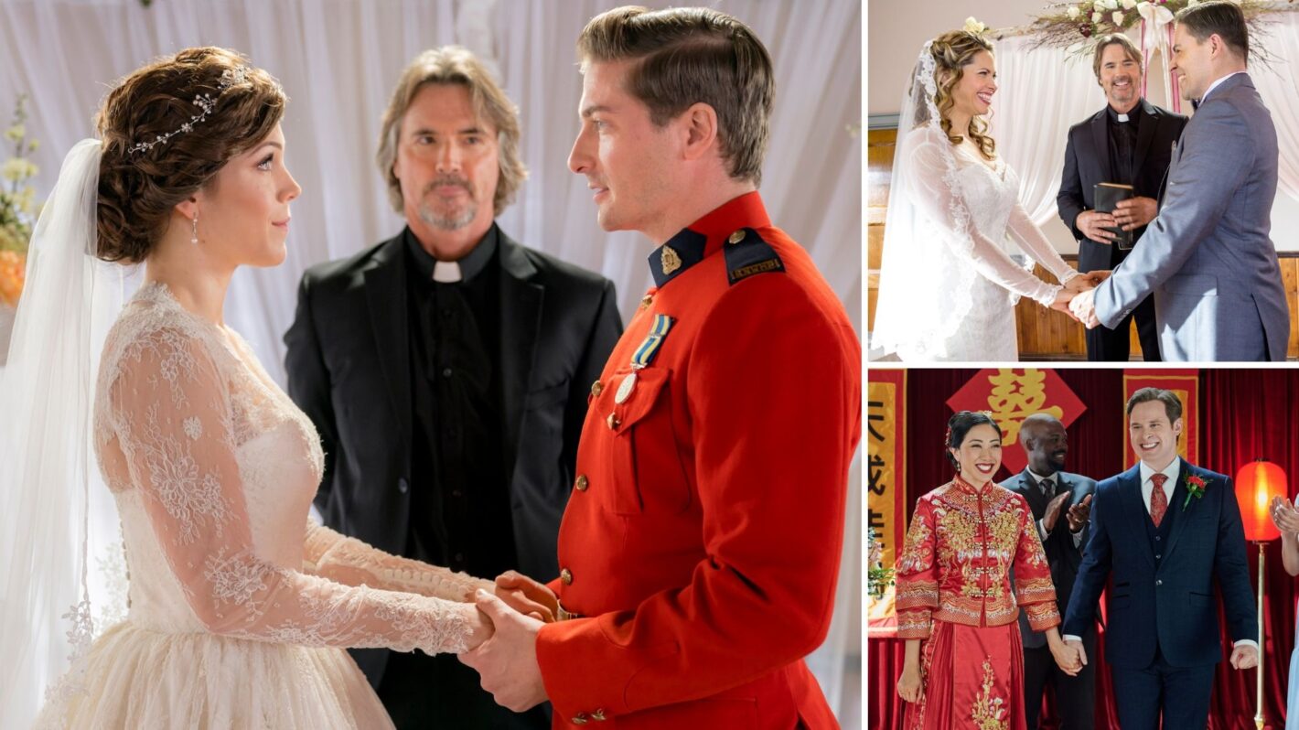 Erin Krakow and Daniel Lissing as Elizabeth and Jack in 'When Calls the Heart' Season 5; Pascale Hutton, Mark Humphrey, Kavan Smith as Rosemary, Frank and Lee in 'When Calls the Heart' Season 3; Amanda Wang and Ben Rosenbaum as Mei and Mike in 'When Calls the Heart' Season 11