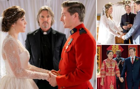 Erin Krakow and Daniel Lissing as Elizabeth and Jack in 'When Calls the Heart' Season 5; Pascale Hutton, Mark Humphrey, Kavan Smith as Rosemary, Frank and Lee in 'When Calls the Heart' Season 3; Amanda Wang and Ben Rosenbaum as Mei and Mike in 'When Calls the Heart' Season 11