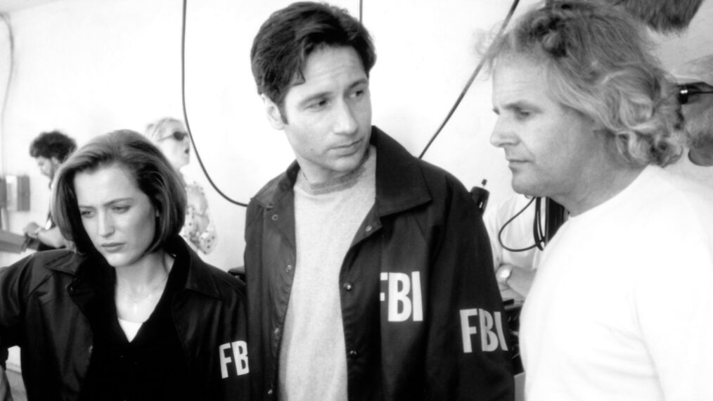 Gillian Anderson, David Duchovny, and Chris Carter on the set of the film 'The X-Files'