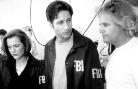 Gillian Anderson, David Duchovny, and Chris Carter on the set of the film 'The X-Files'