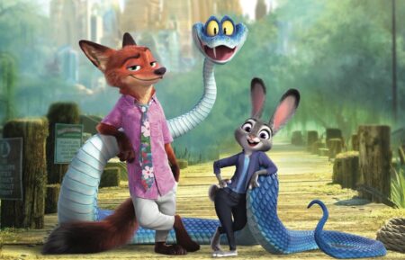 Judy Hopps (voice of Ginnifer Goodwin) and Nick Wilde (voice of Jason Bateman) with Gary De’Snake (voice of Ke Huy Quan) in 'Zootopia 2.'