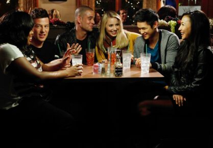 Amber Riley, Cory Monteith, Mark Salling, Dianna Agron, Harry Shum Jr., and Naya Rivera on Season 4, Episode 8, of 'Glee,' November 2012.