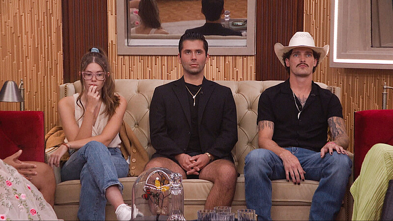 BIG BROTHER Thursday August 7, on the CBS Television Network and streaming on Paramount+ (live and on-demand for Paramount+ with SHOWTIME subscribers, or on-demand for Paramount+ Essential subscribers the day after the episode airs)* Pictured: Kelley Jorgensen, Jimmy Heagerty and Rylie Jeffries. Photo: CBS ©2025 CBS Broadcasting, Inc. All Rights Reserved. Highest quality screengrab available.