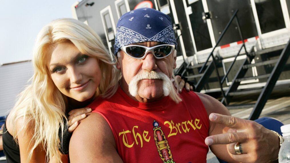 Brooke Hogan and Hulk Hogan pose on the set of her music video shoot 'Bout Us' on May 6, 2006 in Los Angeles, California.