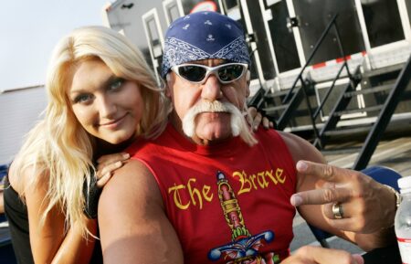Brooke Hogan and Hulk Hogan pose on the set of her music video shoot 'Bout Us' on May 6, 2006 in Los Angeles, California.