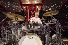 Chris Hemsworth drums during the Ed Sheeran concert in Bucharest