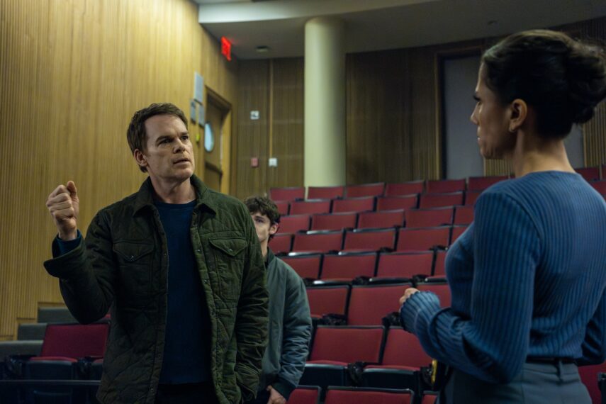 L-R: Michael C. Hall as Dexter Morgan, Jack Alcott as Harrison Morgan and Kadia Saraf as Detective Claudette Wallace in Dexter: Resurrection, episode 7, season 1, streaming on Paramount+ with SHOWTIME, 2025. Photo Credit: Zach Dilgard/Paramount+ with SHOWTIME.
