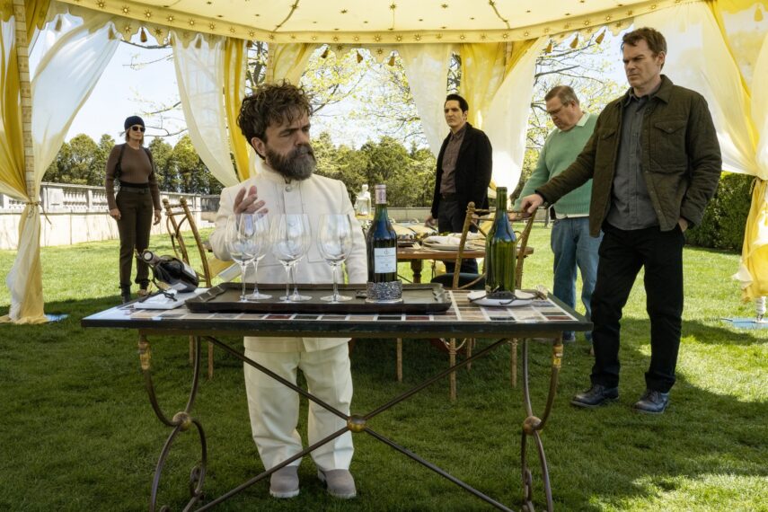 L-R: Uma Thurman as Charley, Peter Dinklage as Leon Prater, David Dastmalchian as Gareth, Eric Stonestreet as Al and Michael C. Hall as Dexter Morgan in Dexter: Resurrection, episode 7, season 1, streaming on Paramount+ with SHOWTIME, 2025. Photo Credit: Zach Dilgard/Paramount+ with SHOWTIME.